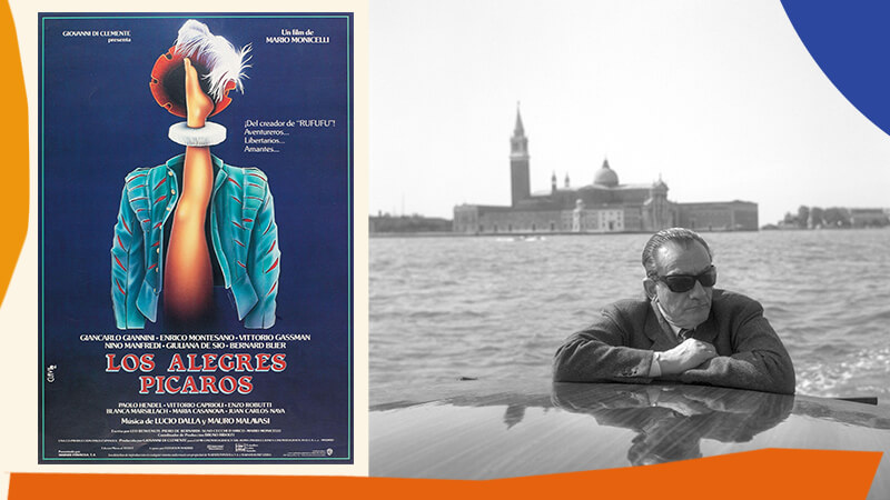 Image of film poster for Los Alegres Picaros by Mario Monicelli; portrait of Luchino Visconti