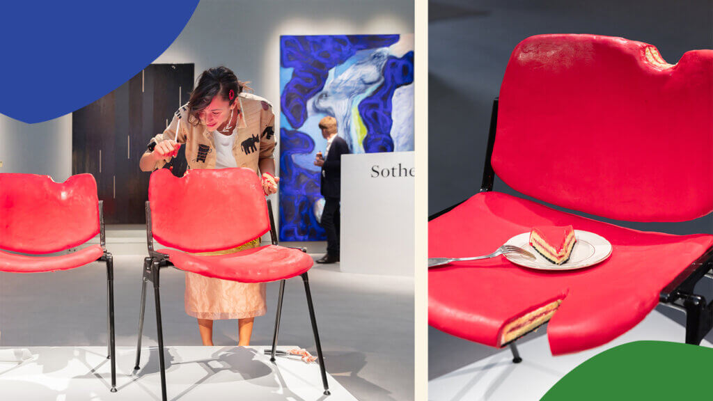 Laila Gohar finishing cake chair sculpture at the Sotheby's show Contemporary Curated in Paris