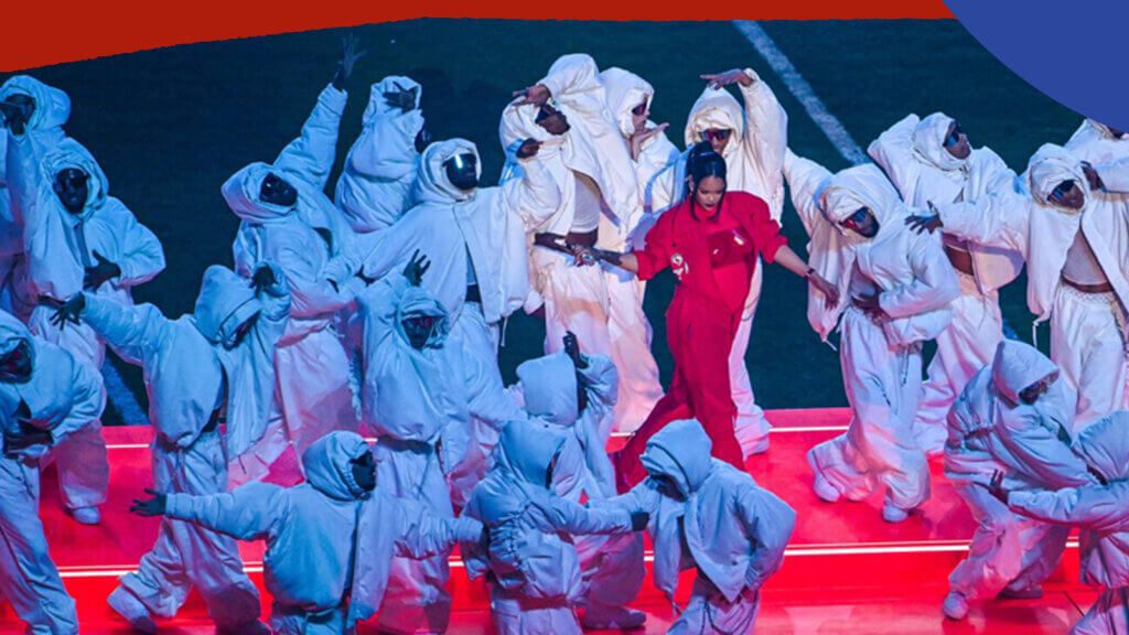 IMage of Rihanna and dancers performing at the 2023 Superbowl