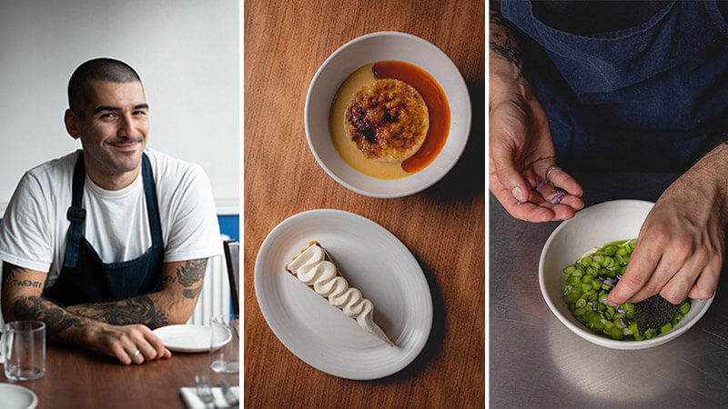 Portrait of chef Sertac Dirik, dishes at Mangal II, London